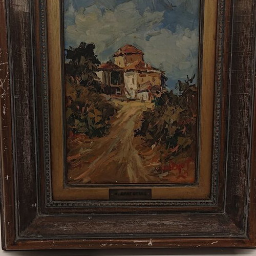 M. Dragoyias painting, landscape with village house