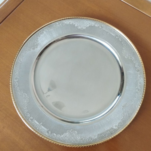 Vintage stainless steel serving tray 30cm with gold trim, mint condition