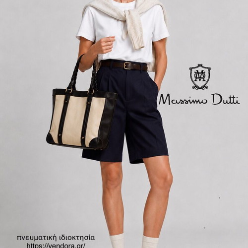 Massimo Dutti leather and cotton tote bag, dark brown and ecru