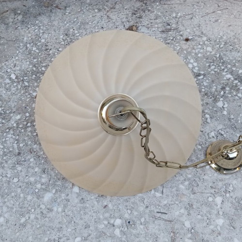 Glass ceiling light with 2 lamps, like new, ecru color, brass base