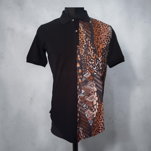 Black Polo Shirt with Leopard and Ethnic Split Pattern, New, Size L