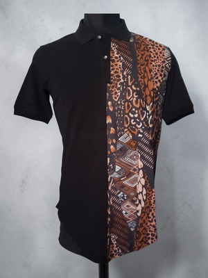 Black Polo Shirt with Leopard and Ethnic Split Pattern, New, Size L