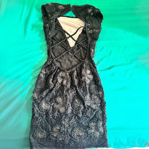 Junona Party Cocktail Mini Little Black Dress Size M open back lace like new