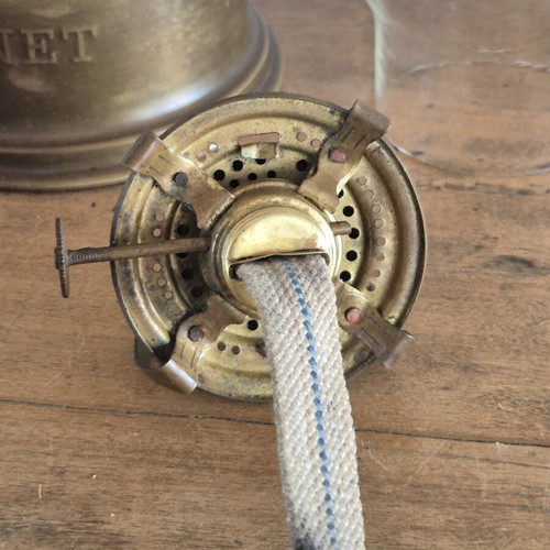 Hornet brass oil lamp with large reflector, antique English