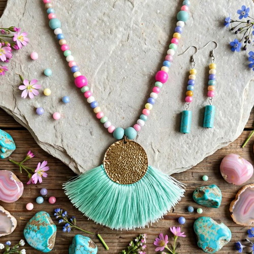 Colorful Tassel Long Necklace and Earrings Set new