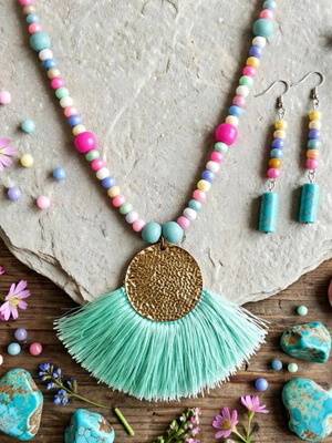 Colorful Tassel Long Necklace and Earrings Set new