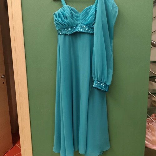 Chiffon evening dress turquoise like new with bolero sleeves