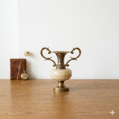 Decorative amphorae like new, set of 3, brass and onyx