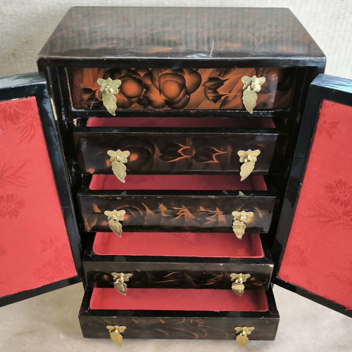 Vintage Chinese wooden jewelry box shaped like a wardrobe, like new