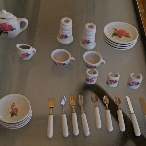 Vintage porcelain miniature tea set with roses and cutlery, like new