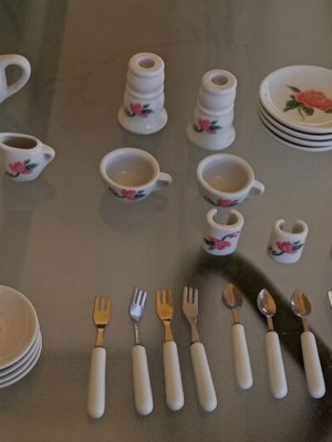 Vintage porcelain miniature tea set with roses and cutlery, like new