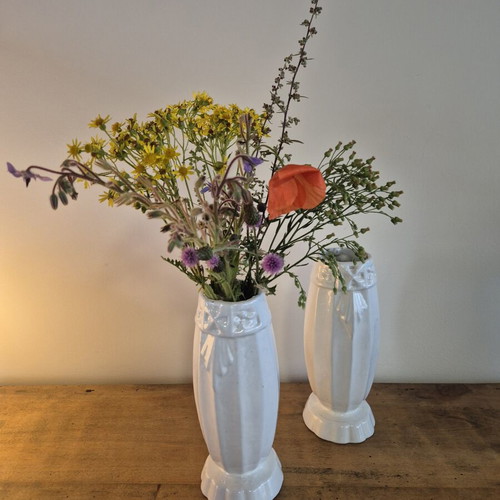 Art Deco White Enameled Cast Iron Cemetery Vases, Pair