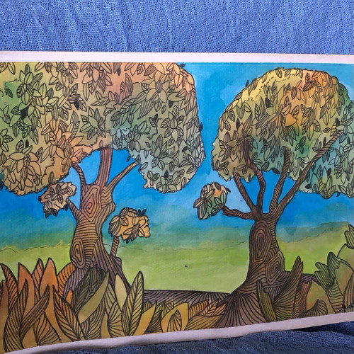Watercolours and pencil new, tree drawing 21x29