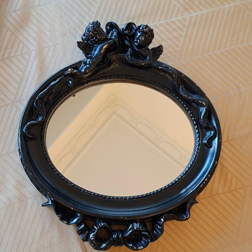 Vintage black mirror with putti used, 33x30 cm