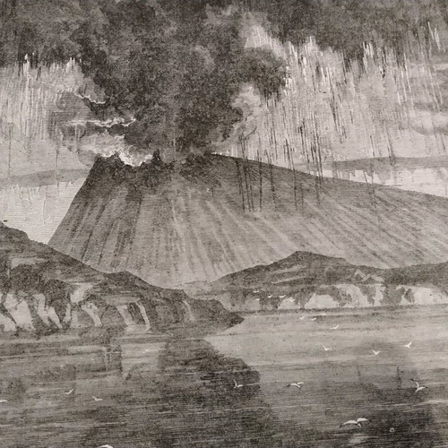 Volcano eruption in Santorini 1870 woodcut used 26x16cm