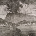 Volcano eruption in Santorini 1870 woodcut used 26x16cm