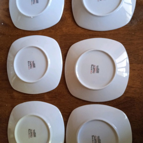Fylliana tea saucers like new, set of 6 white porcelain with gray designs