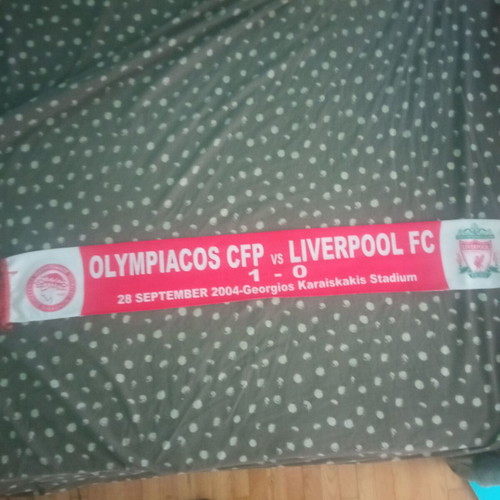Vintage Olympiacos Liverpool Scarf used, Karaiskakis Stadium 2004