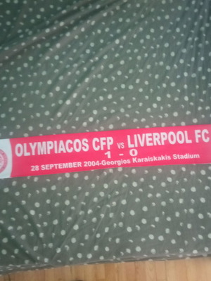 Vintage Olympiacos Liverpool Scarf used, Karaiskakis Stadium 2004