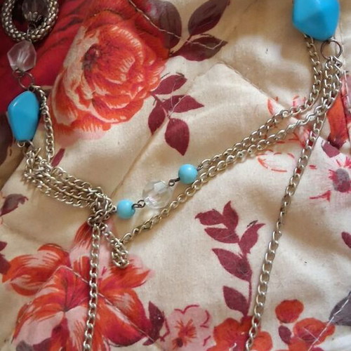 Decorative fake jewelry for women's blouse new, white and turquoise