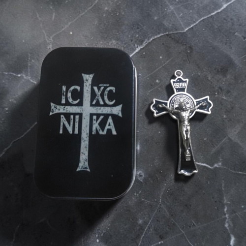 Metal box with IC XC NIKA inscription and ornate crucifix