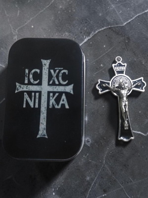 Metal box with IC XC NIKA inscription and ornate crucifix