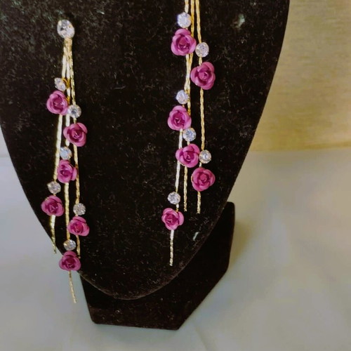 Fashion earrings with rose petals and rhinestones new, purple and gold