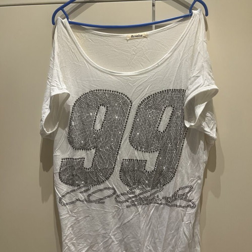 Y2K White Short-Sleeve Top with Silver Studs Small Medium Like New