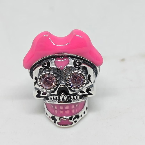 Sugar Skull Charm with Pink Hat and Crystals Silver 925 like new