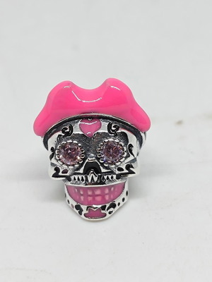Sugar Skull Charm with Pink Hat and Crystals Silver 925 like new