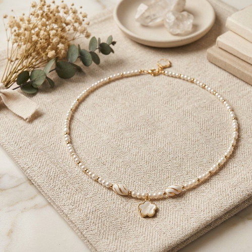Handmade necklace with pearls and gold flower like new, beige
