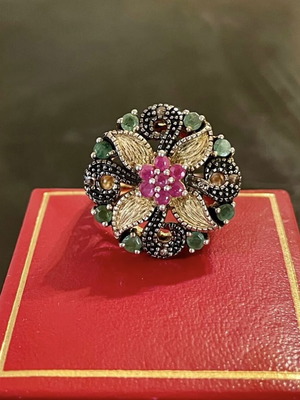 Silver-gold ring like new with emeralds and rose cut diamonds