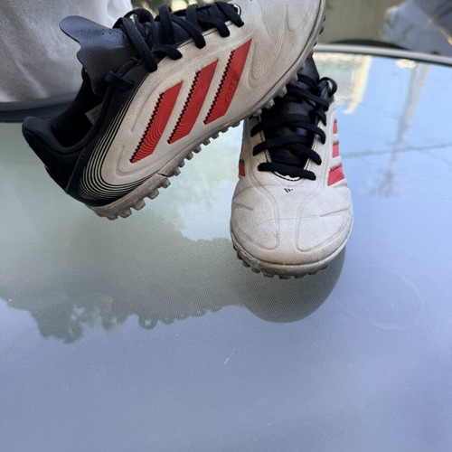 Adidas kids' football shoes with studs, size 32, white and red