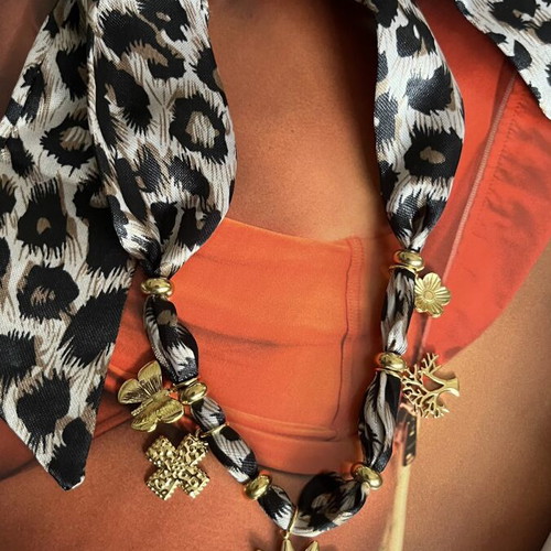 Necklace satin scarf with gold-tone stainless steel charms new