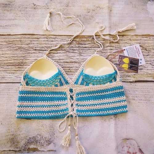 Handmade knitted swimsuit new, size M/L, beige and turquoise