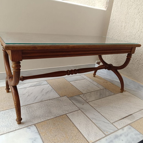 Coffee table used, wooden with protective glass