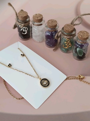 Σετ καρφωτά σκουλαρίκια καρδιά 925 και κολιέ με 16Κ σμάλτο μάτι και ζιρκόν, καινούργιο