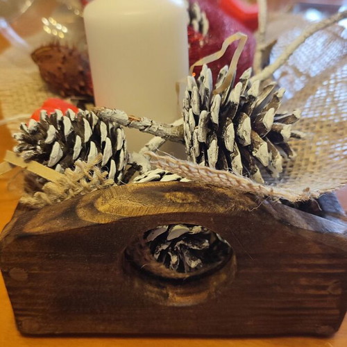 Christmas gift with wooden tray, wine bottle, glasses and decorations