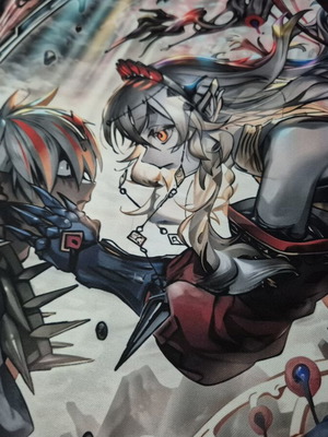 Yu-Gi-Oh Fusion Deployment playmat with Fallen of Albaz & Blazing Cartesia artwork