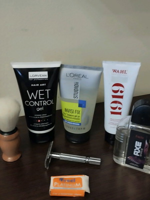 Men's grooming used, shaving machine and product set