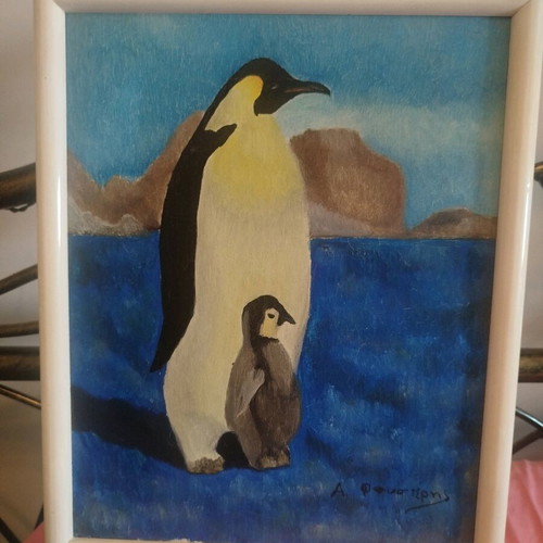 Painting with penguins like new in white wooden frame