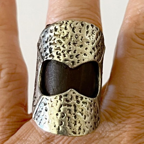Forged ring with wooden cylinder, like new, brown and silver