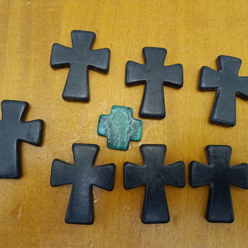 Set of 7 Black Ceramic Crosses and 1 Green Stone Cross like new