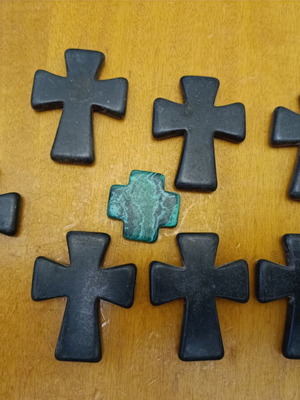 Set of 7 Black Ceramic Crosses and 1 Green Stone Cross like new