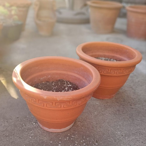 Terracotta flower pots used, set of 2 with Greek meander design