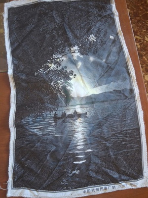Vintage silk tapestry used, Chinese traditional night landscape