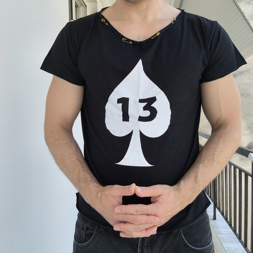 Black t-shirt with safety pins on collar and Bastouni 13 print like new
