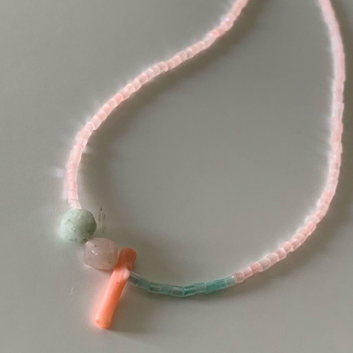 Handmade necklace with amazonite, coral, glass beads and stainless steel closure new, pink and turquoise
