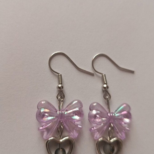 Earrings with purple bows and silver hearts new