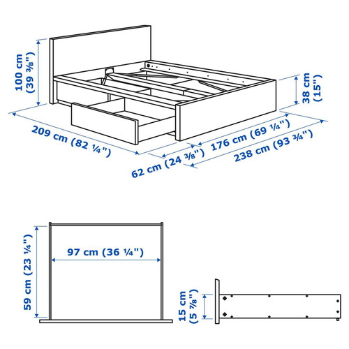 Malm Bed White Oak 160x200cm like new with 4 storage drawers